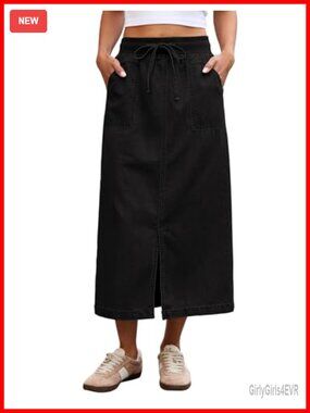 luvamia High Waisted Midi Jean Skirt with Drawstring and Pockets